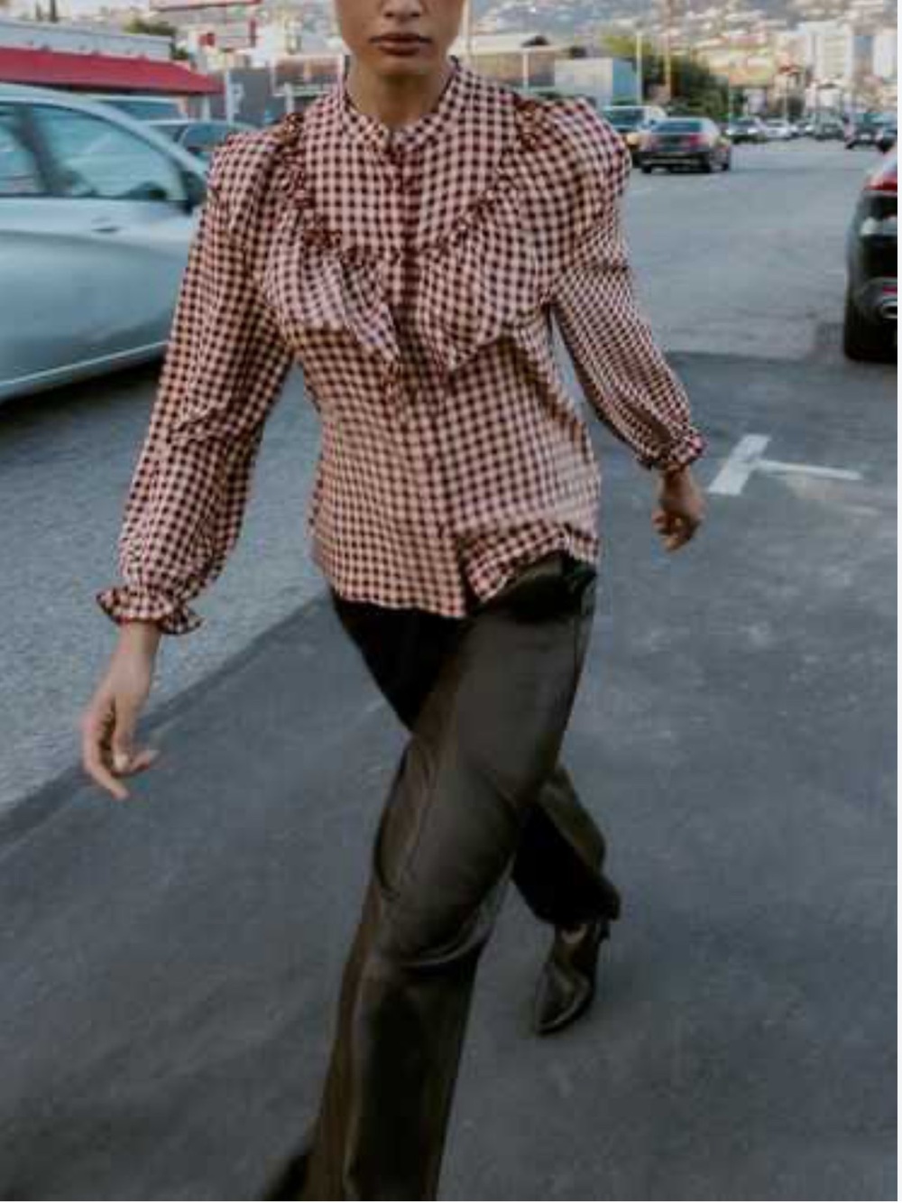 Zara Checked Ruffle Blouse Small Burgundy/ Tan - Picture 7 of 10